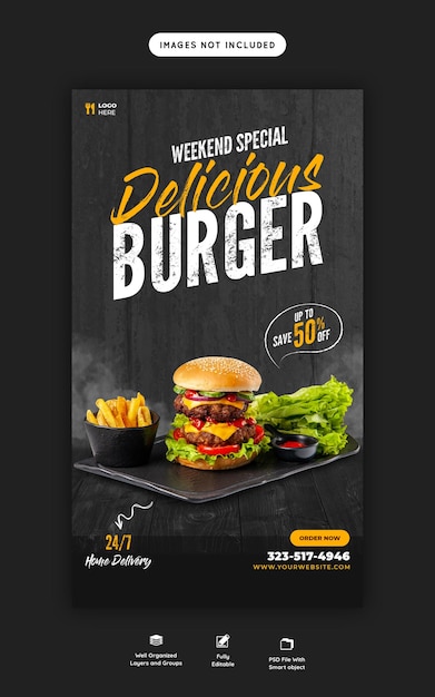 PSD gratuit délicieux burger et menu de nourriture modèle d'histoire instagram et facebook