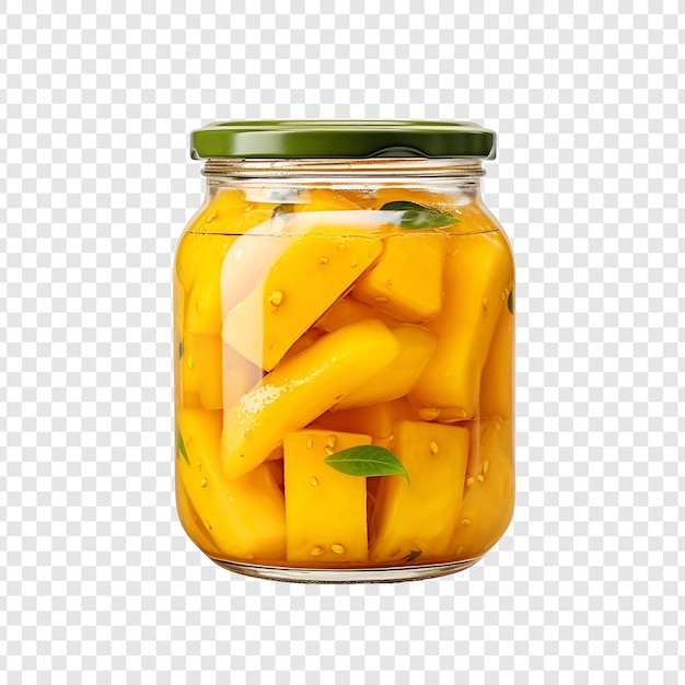 PSD gratuit délicieux cornichon de mangue dans un pot en verre isolé sur un fond transparent