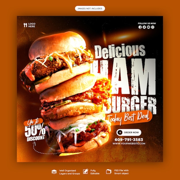 PSD gratuit délicieux hamburger et menu alimentaire bannière de médias sociaux ou modèle de publication instagram
