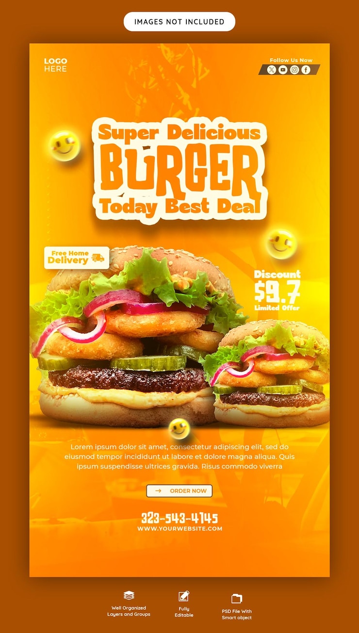 PSD gratuit un délicieux menu de hamburgers et de nourriture avec un modèle d'histoire instagram et facebook