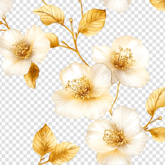 Des dessins floraux élégants en or et en blanc, des fleurs luxueuses, des feuilles dorées, de l'art botanique.