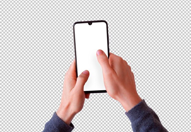 Deux mains isolées tenant un smartphone