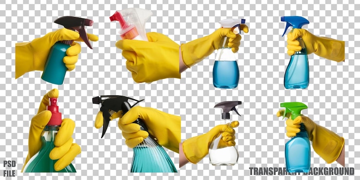 PSD gratuit différentes bouteilles de pulvérisation avec des solutions de nettoyage utilisées