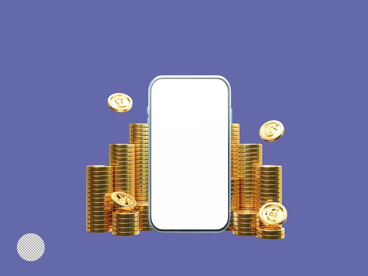 Écran vide de smartphone avec des pièces d'or empilées pour le transfert d'argent et l'échange de devises en utilisant le concept technologique par illustration de rendu 3d