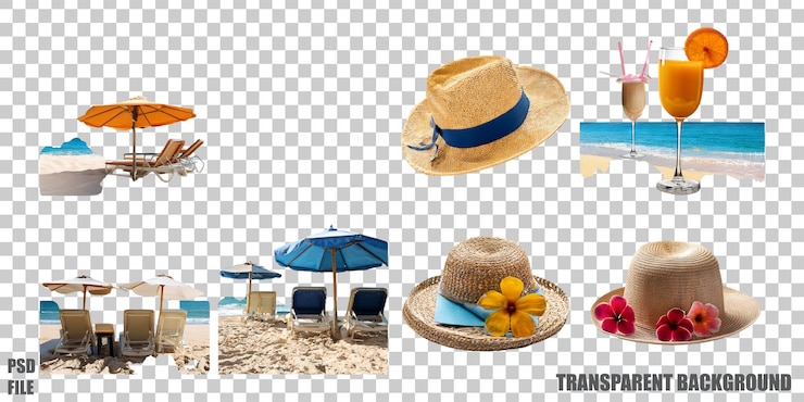 PSD gratuit les éléments essentiels de la plage avec des chapeaux et des boissons rafraîchissantes