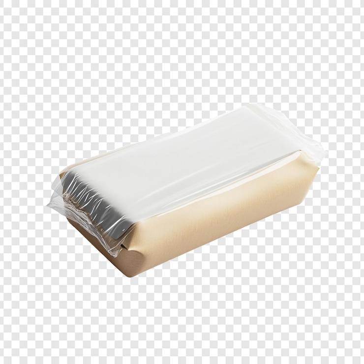PSD gratuit emballage du produit une boîte en carton beige scellée avec un emballage en plastique transparent