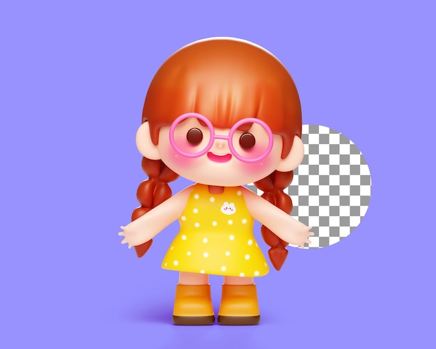 PSD gratuit enfant enfant jolie fille portant une robe jaune sourit joliment personnage 3d de dessin animé