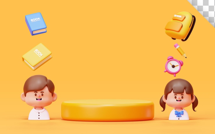 PSD gratuit enfant étudiant personnage garçon et fille avec podium éducation enfants école 3d dessin animé fond illustration