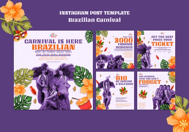 PSD gratuit ensemble de publication instagram de carnaval brésilien réaliste