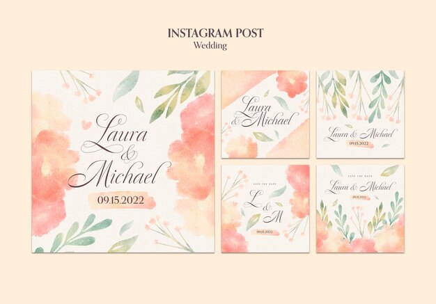 Ensemble de publication instagram de célébration de mariage aquarelle