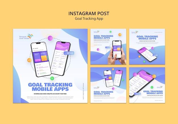 Ensemble de publications instagram pour l'application de suivi des objectifs