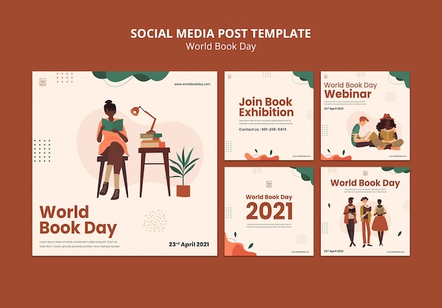 PSD gratuit ensemble de publications instagram pour la journée mondiale du livre