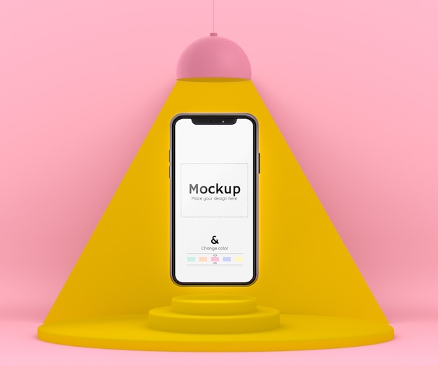 PSD gratuit environnement 3d rose et jaune avec une lampe éclairant un téléphone portable sur une scène et une couleur modifiable