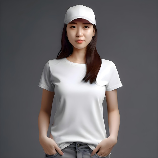 PSD gratuit femme asiatique en chemise blanche blanche et chapeau sur fond gris