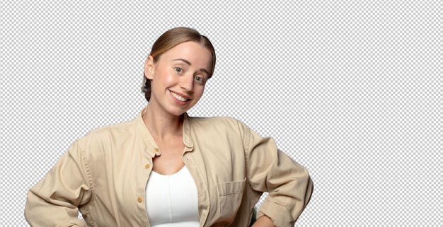 une femme blonde souriante heureuse avec les mains sur la hanche et confiante attitude fière et amicale