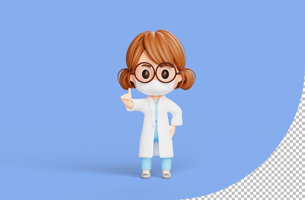 Femme médecin debout et pointant les doigts vers le haut ayant une bonne idée de personnage de dessin animé d'illustration 3d