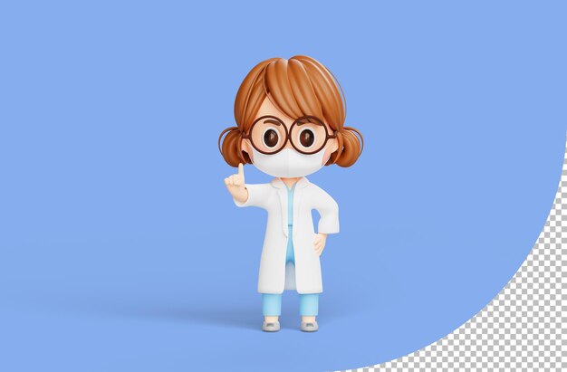 Femme médecin debout et pointant les doigts vers le haut ayant une bonne idée de personnage de dessin animé d'illustration 3d