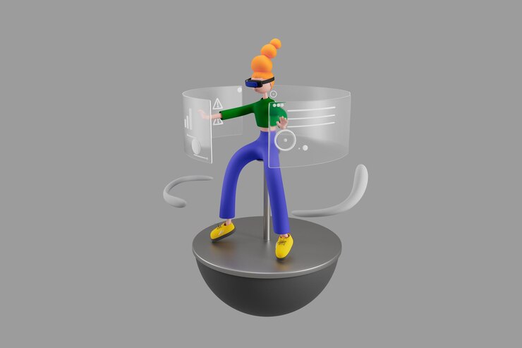 PSD gratuit femme utilisant des lunettes de réalité virtuelle et touchant l'interface vr sur fond isolé illustration 3d personnages de dessins animés