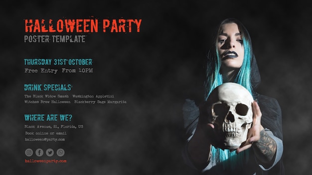 PSD gratuit fille aux cheveux bleus tenant une fête d'halloween de crâne