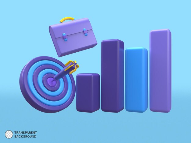 La flèche a atteint le centre des objectifs cibles et l'icône de rendu 3d de la mallette de croissance du graphique boursier