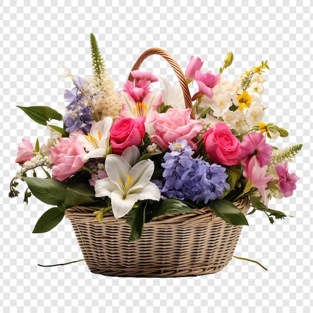 PSD gratuit fleurs fraîches et attrayantes dans un panier en osier isolé sur fond transparent