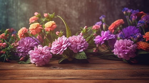 Fleurs de jardin sur fond de table en bois Generative AI