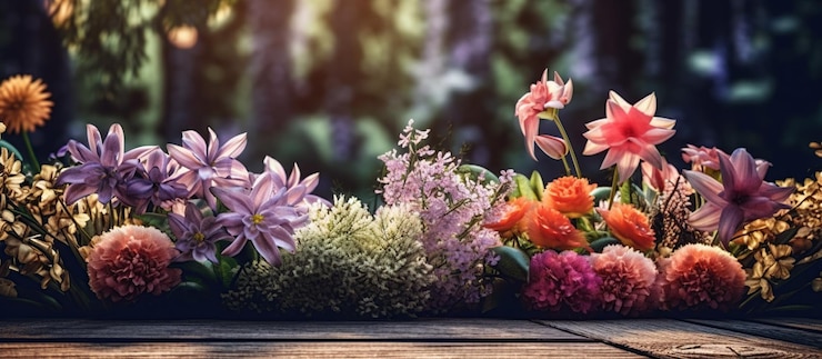 PSD gratuit fleurs de jardin sur fond de table en bois generative ai