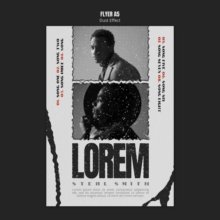 PSD gratuit flyer d'album de musique avec effet de poussière et photo