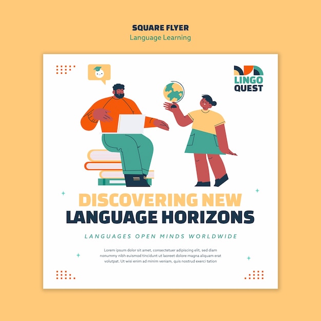 PSD gratuit flyer carré d'apprentissage des langues dessiné à la main