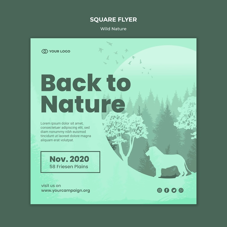 PSD gratuit flyer carré nature sauvage forêt et lion