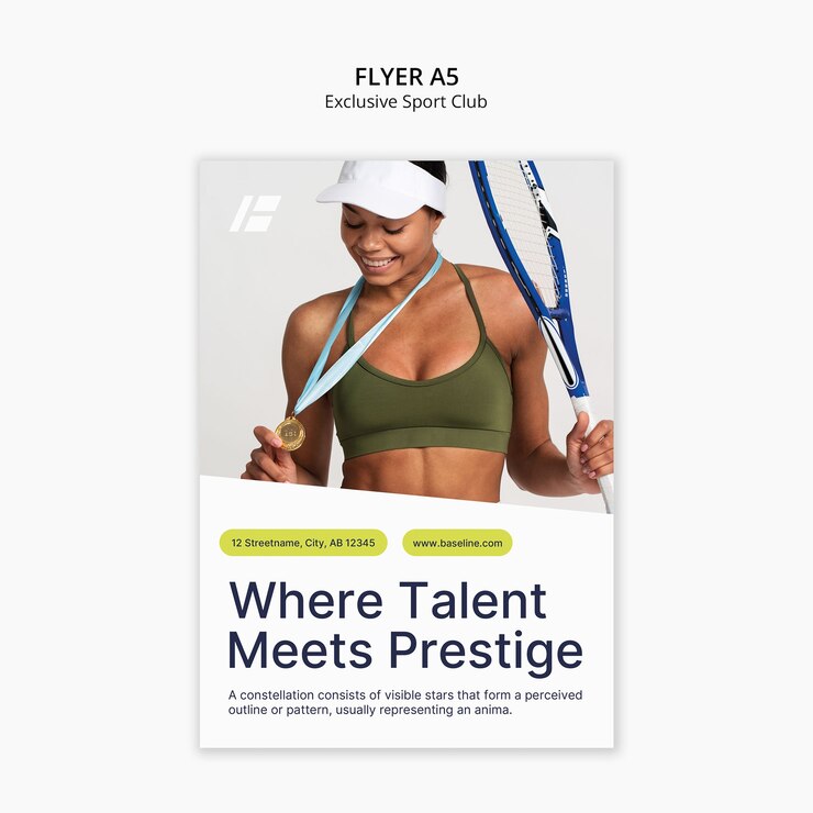 PSD gratuit flyer exclusif d'un club sportif avec un athlète de tennis