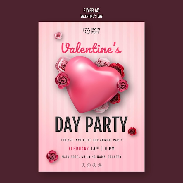 PSD gratuit flyer vertical pour la saint-valentin avec coeur et roses rouges