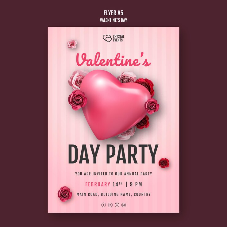 PSD gratuit flyer vertical pour la saint-valentin avec coeur et roses rouges