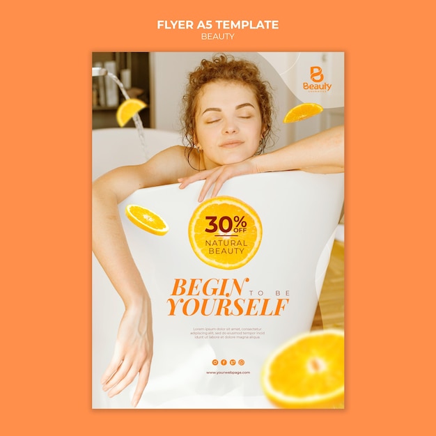 Flyer vertical pour les soins de la peau du spa à domicile avec des tranches de femme et d'orange