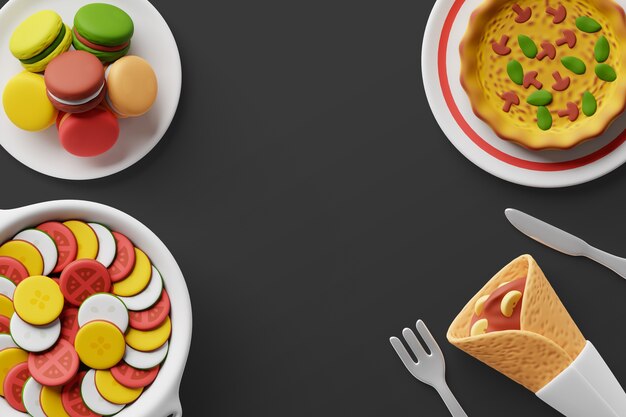 Fond 3d avec assortiment de plats gastronomiques