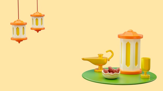 Fond 3d du ramadan avec lanternes et lampe à huile