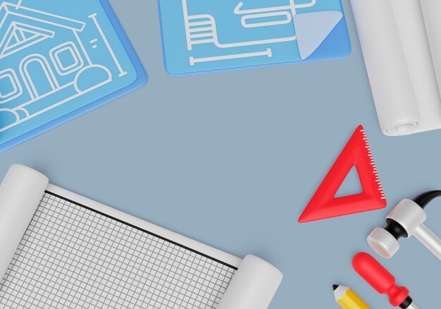 Fond 3D avec des éléments d'architecture et d'ingénierie