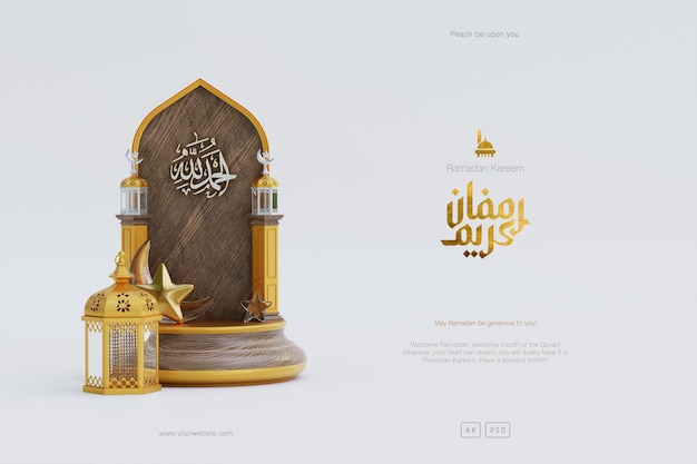 Fond de salutation du Ramadan islamique avec la mosquée du podium en bois 3D et les ornements du croissant islamique