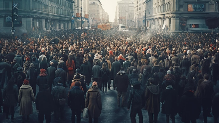 PSD gratuit foule de personnes manifestant ensemble marchant dans la ville generative ai