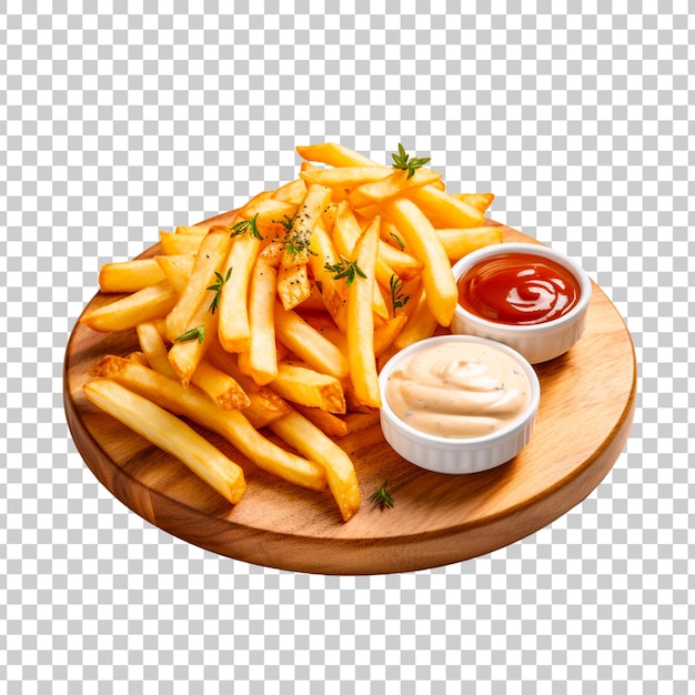 PSD gratuit des frites avec sauce sur une planche de bois ronde sur un fond transparent