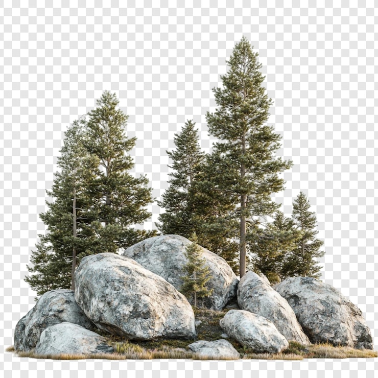 PSD gratuit une grotte majestueuse au sommet d'une montagne, un amas d'arbres à feuilles persistantes et de rochers gris