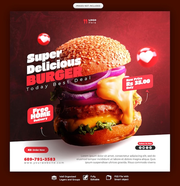 PSD gratuit des hamburgers délicieux et un menu de nourriture bannière de médias sociaux ou modèle de post instagram