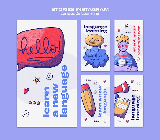 PSD gratuit histoires instagram d'apprentissage des langues dessinées à la main