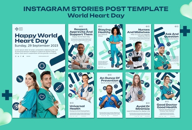 Histoires instagram de la journée mondiale du coeur au design plat