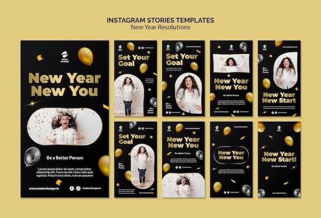 PSD gratuit histoires instagram de résolutions du nouvel an avec des détails dorés