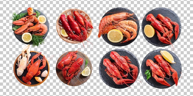 Des homards et des crevettes frais sur les assiettes