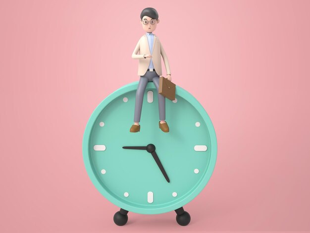 Homme d'affaires d'illustration 3D vérifiant l'heure et assis sur le réveil