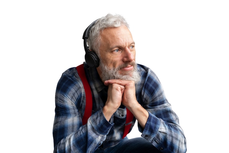 PSD gratuit homme aîné, à, écouteurs