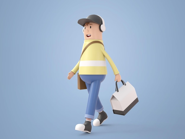 PSD gratuit homme de jeune voyageur de personnage de dessin animé d'illustration 3d portant une casquette et un casque marchant et tenant un sac