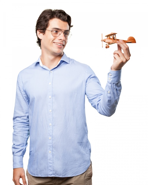 Homme Souriant Avec Son Avion